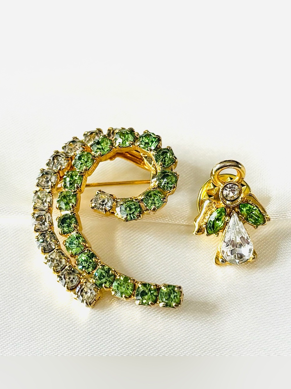 Gold-Tone Green Crystal Rhinestone Spiral Brooch with Matching Angel Pin
